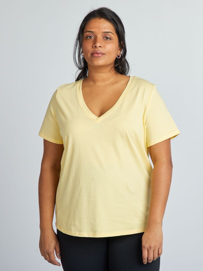 T-shirt met V-hals van jersey - Lichtgeel
