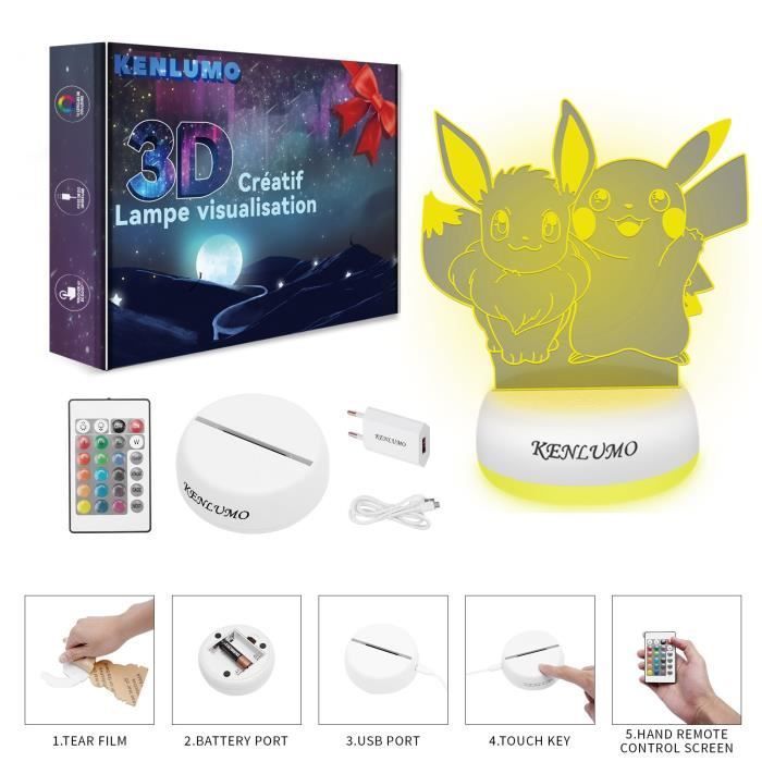KENLUMO Evoli Lampe pikachu Noël Enfant Cadeau Pokemon Lampe de chevet LED télécommande Touchez pour changer de couleur decora