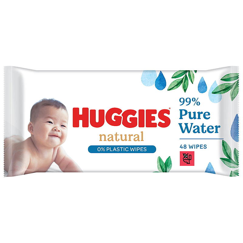 Huggies babydoekjes, 48 stuks, natuurlijk, puur, 0% plastic.