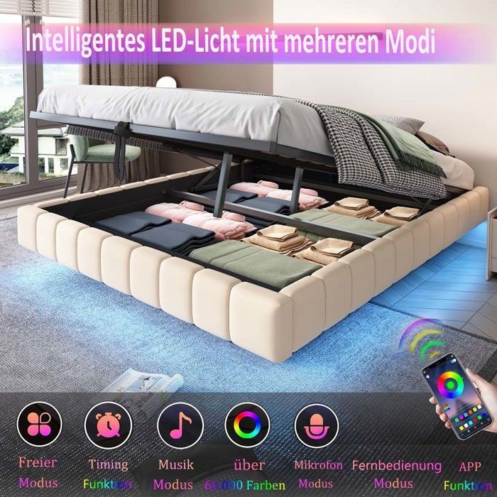 Letto contenitore per adulti 180x200 cm - Illuminazione a LED - Sistema di contenimento idraulico - Rete a doghe inclusa - Testiera non inclusa - Biancheria - Beige