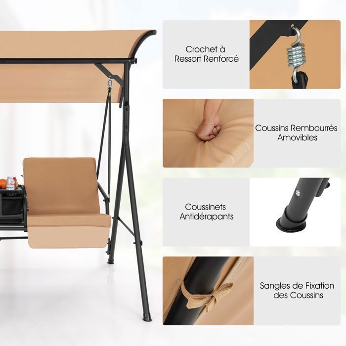 Columpio de jardín DREAMADE para 2 personas con bandeja, bolsa isotérmica de 23 litros, portavasos y 2 cojines para el asiento.