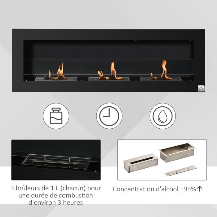 Chimenea de bioetanol - HOMCOM - de pared - 3 quemadores, capacidad total de 3 litros - aproximadamente 3 horas de duración - acero inoxidable negro