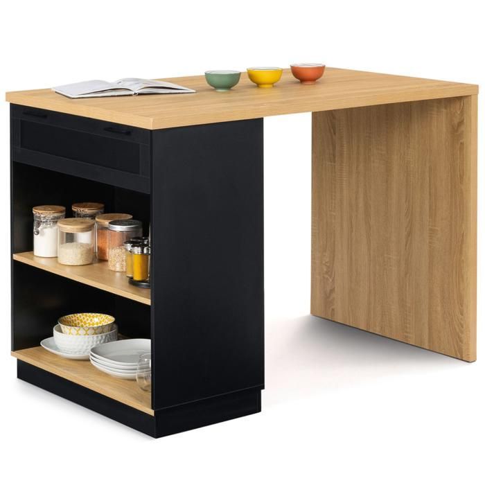 IDMARKET VITO Mesa alta/isla central de 130 cm con tablero de madera y color negro para 4 personas.