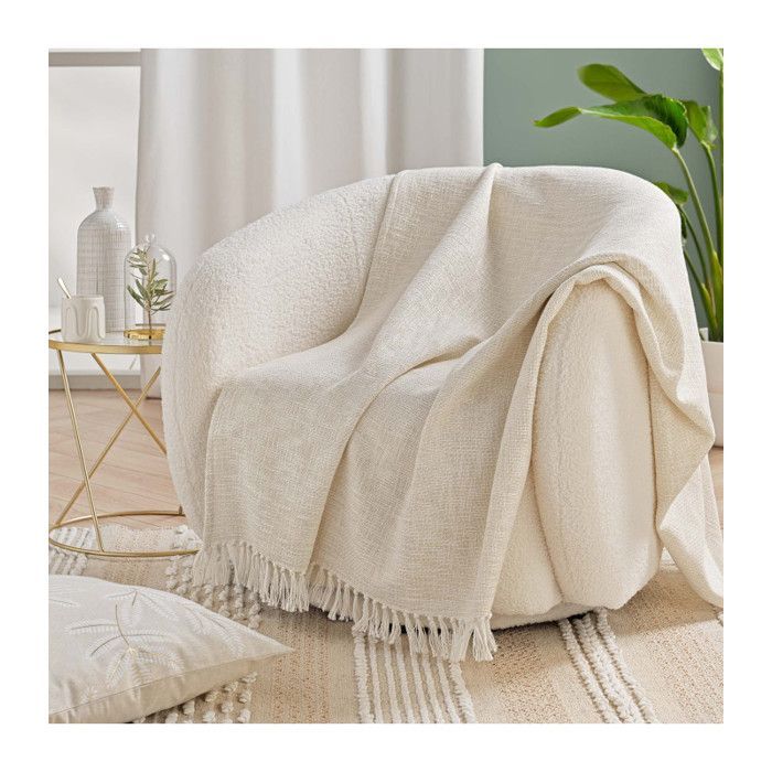 Plaid Ziggy 125x150 cm Ivoire – Coton, Polyester & Fils Métallisés, Franges