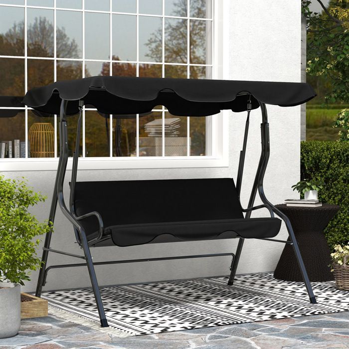 Columpio de jardín Outsunny - 3 plazas - toldo inclinable ajustable - cojines para asiento y respaldo - acero y poliéster - negro