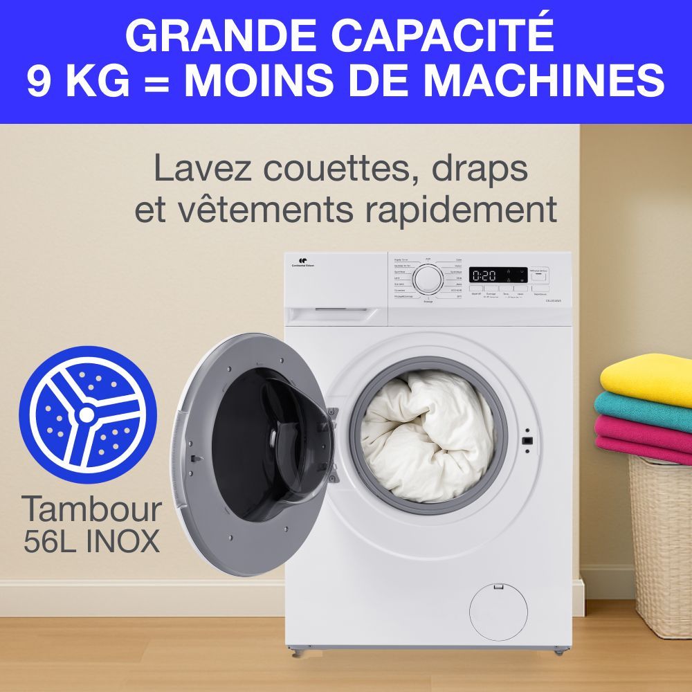 Lavatrice a carica frontale CONTINENTAL EDISON CELL914IWS - 9 kg - Larghezza 59,5 cm - Classe energetica A - 1400 giri/min - Motore a induzione - Bianca