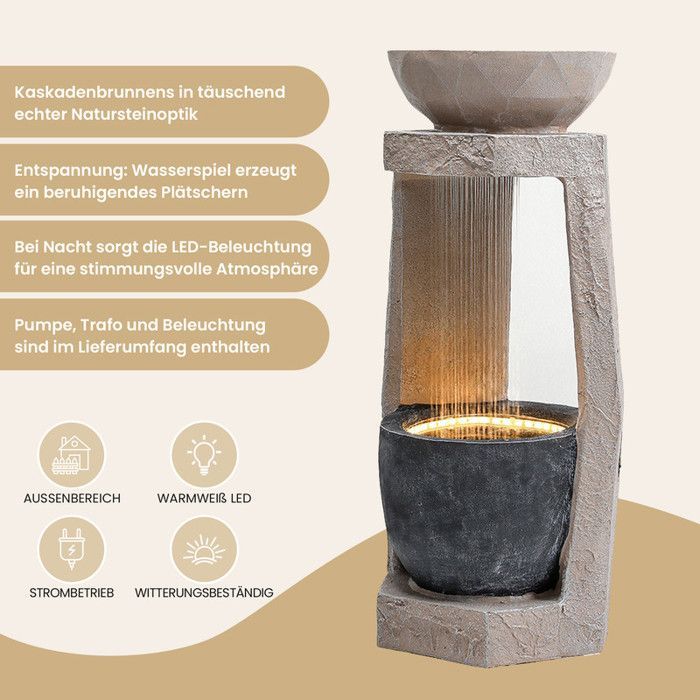 Fuente de jardín con iluminación LED - Aspecto de piedra natural - Bomba de agua integrada - Iluminación LED - 36,5 x 36 x 81,5 cm