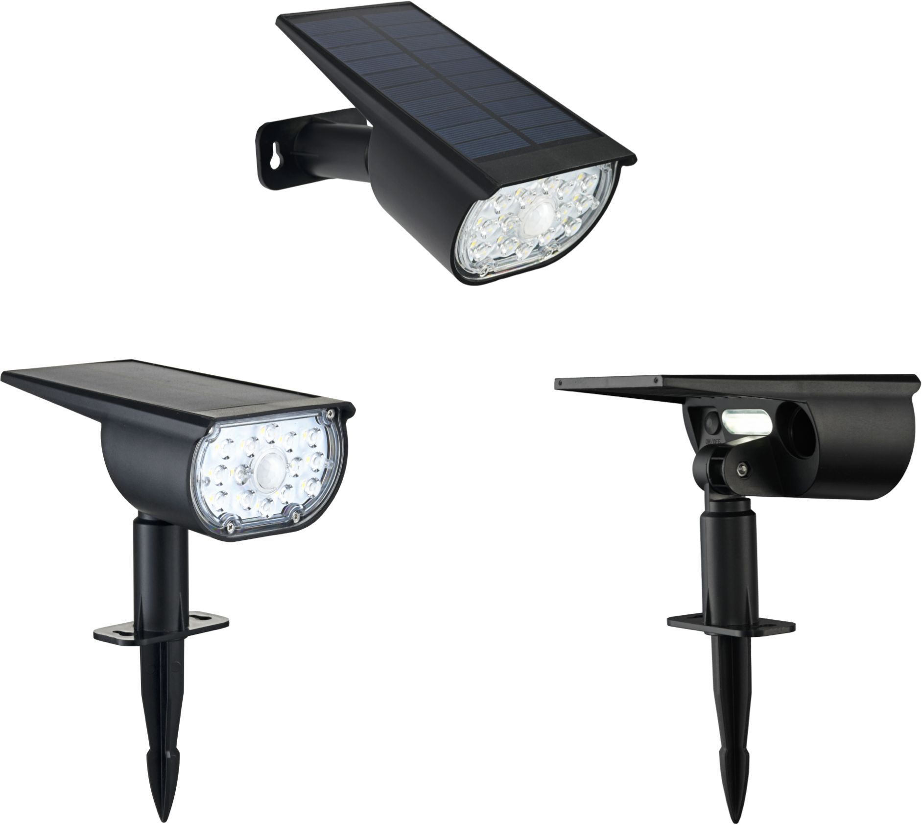 Foco solar para plantación - GALIX - G2603 - 300 lúmenes. Iluminación dual (opción de aplique de pared disponible). Sensor de movimiento.
