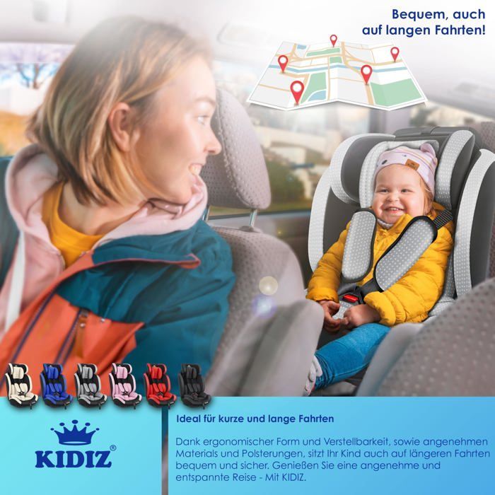 KIDIZ® Autostoel voor kinderen en baby's 9-36 kg Groep 1+2+3 5-punts veiligheidsgordel Verstelbare hoofdsteun ECE R129/03 Grijs