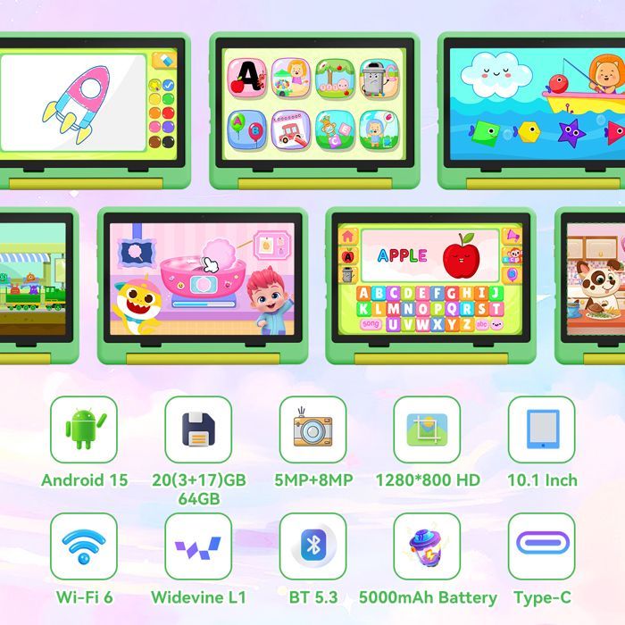 Lern-Tablet für Kinder, 20 (3+17) GB RAM, 64 GB + 1 TB erweiterbar, HD-Bildschirm, mit kindersicherer grüner Hülle und blauer Laptoptasche