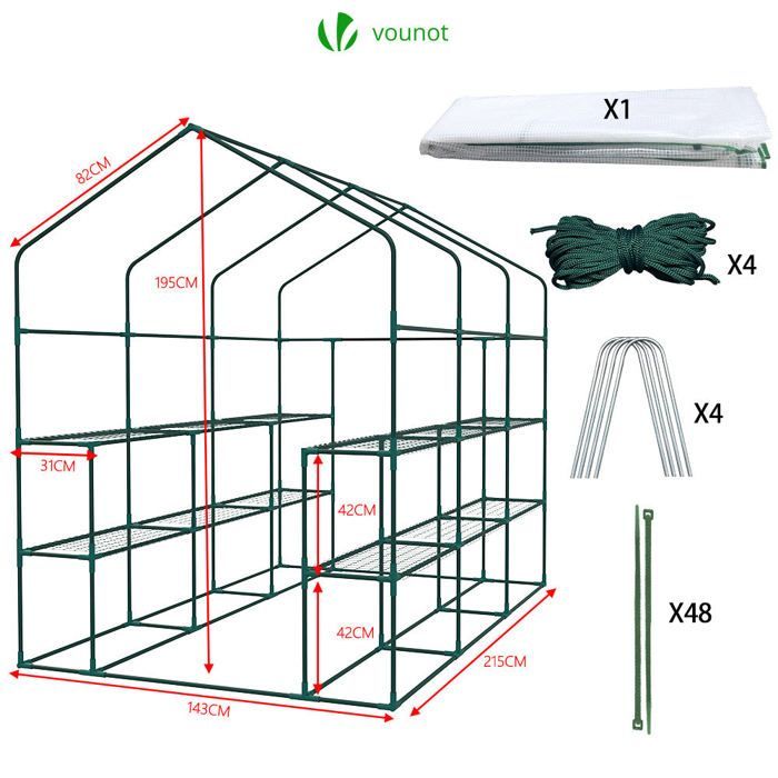 VOUNOT® Serre de jardin avec étagères 143x215x195cm blanc - bâche renforcée 135g/m² - fenêtre moustiquaire - porte enroulable
