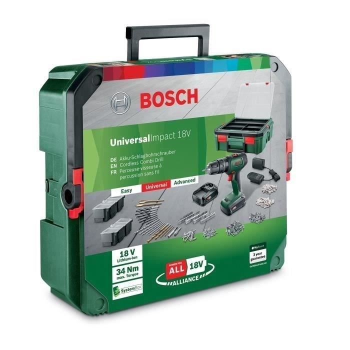 Perceuse-visseuse Bosch - UniversalDrill 18 (Livrée avec 2 batteries 1,5 Ah, SystèmeBox, 241 accessoires) - PowerForAll