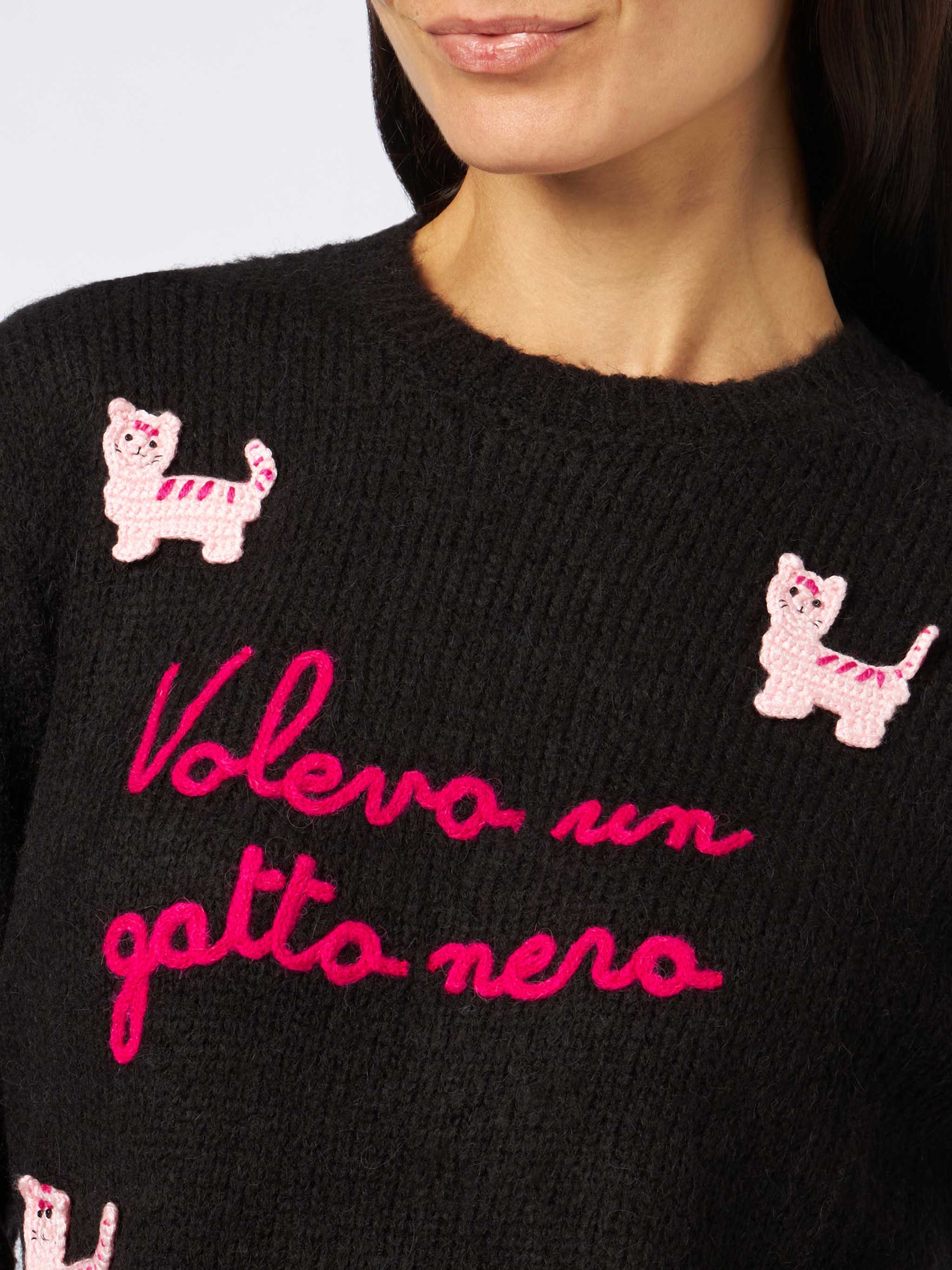 Maglione da donna con patch gatti crochet e ricamo Volevo un Gatto Ner