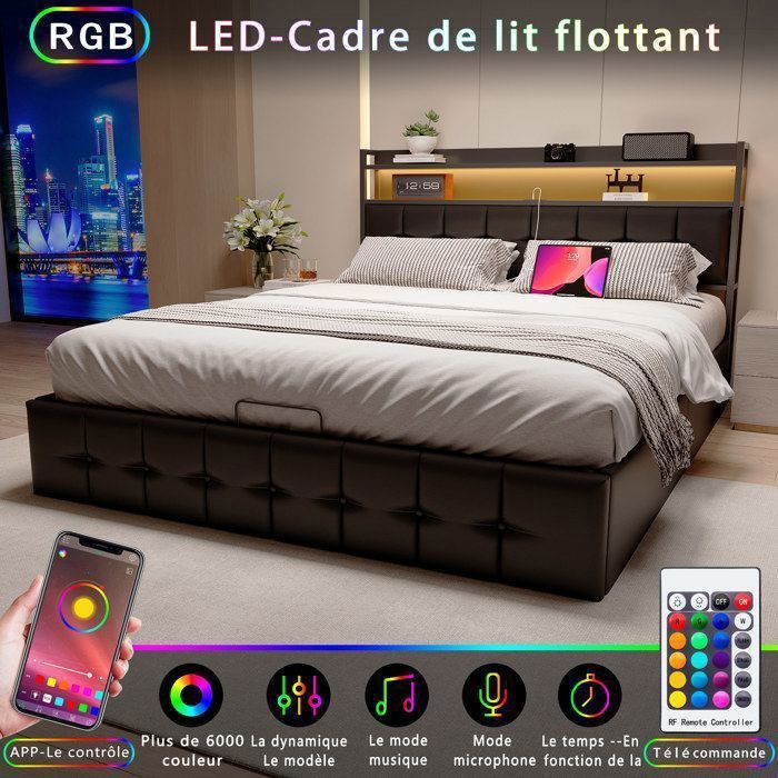 Cama con almacenamiento de 140x190 cm, USB, LED RGB, tela de PU, estructura de cama doble, cama para adultos, color negro.