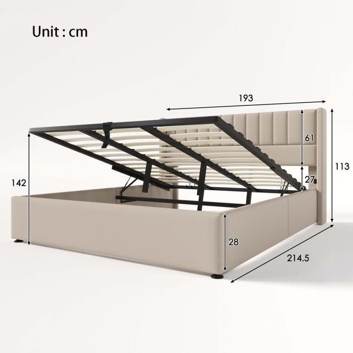 Modernluxe κρεβάτι με αποθηκευτικό χώρο 180x200 cm για ενήλικες - Μπεζ λινό ύφασμα - Κεφαλάρι με πτερύγια - Βάση κρεβατιού με τάβλες