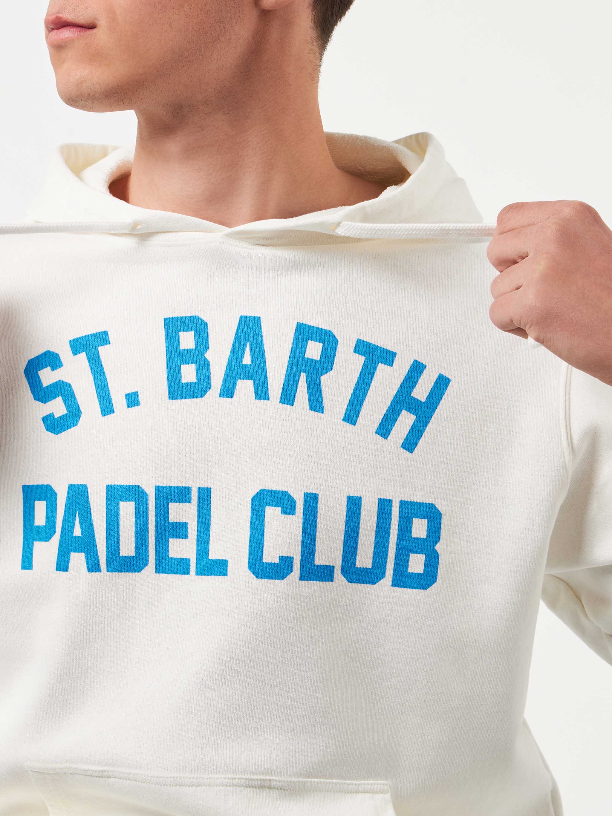 Felpa da uomo bianca in cotone con cappuccio e stampa St. Barth Padel