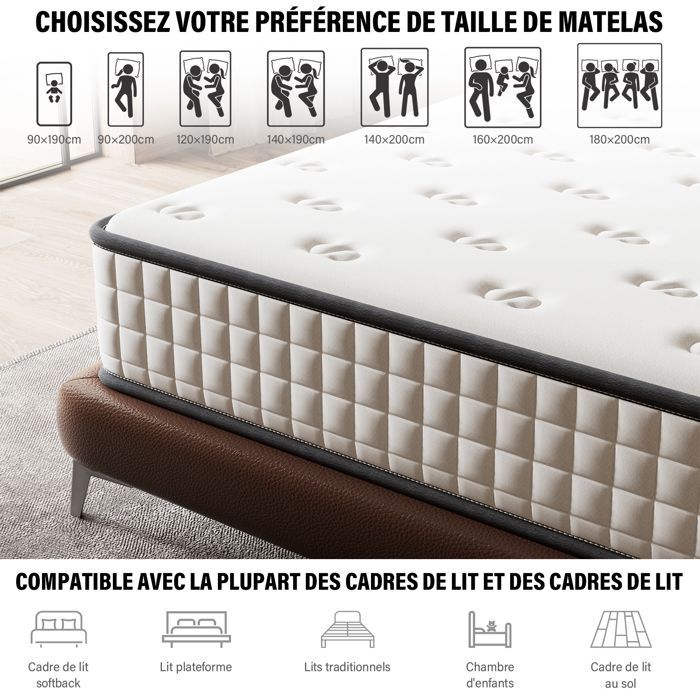 Colchón de 140x190 cm, de espuma viscoelástica, 22 cm de grosor, con soporte perfecto, alta elasticidad y ultratranspirable.