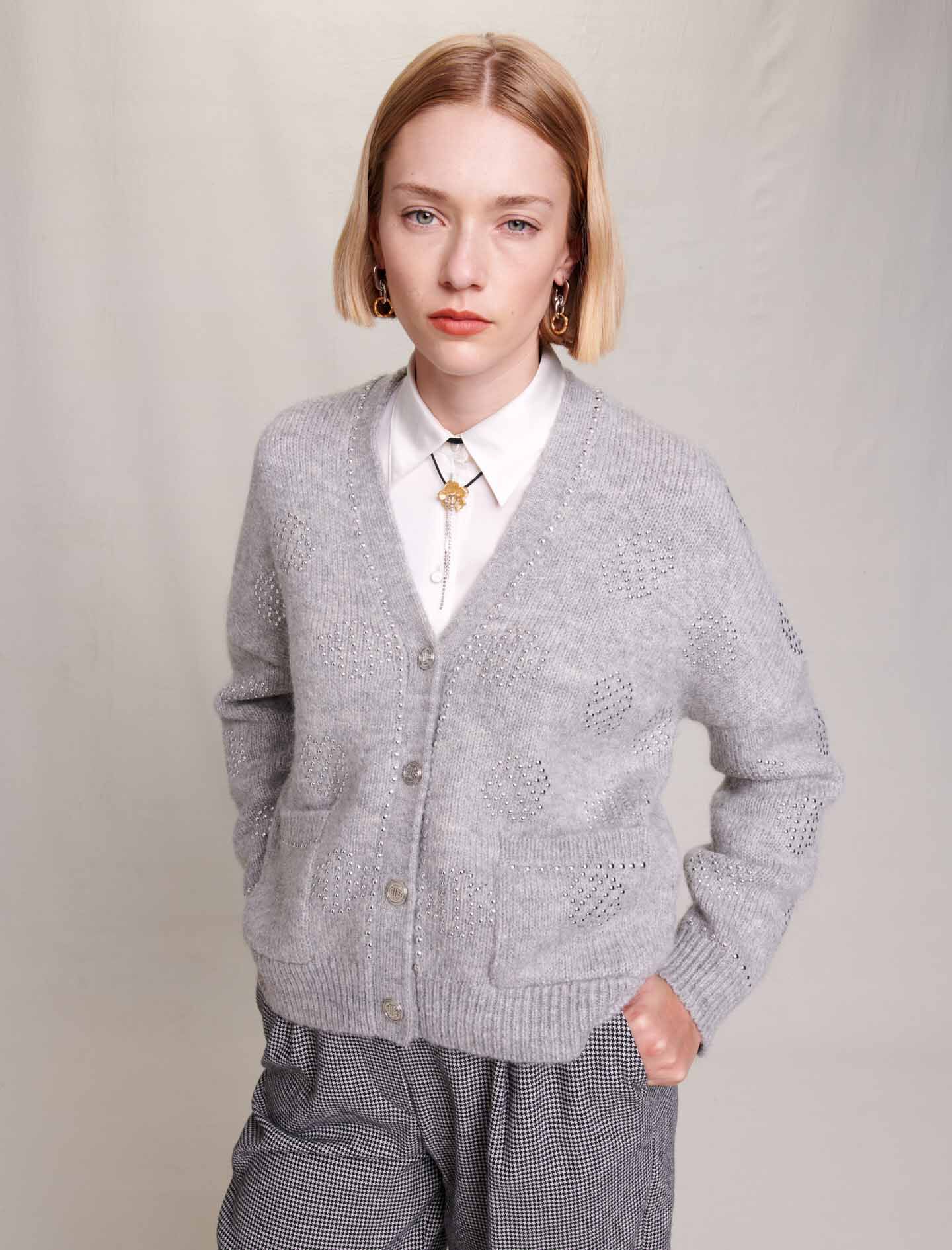 Cardigan met klavermotief en studs - Grijs