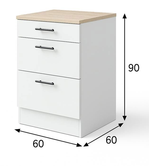 Mobile base da cucina con 3 cassetti e piano di lavoro in bianco lucido/rovere canadese.