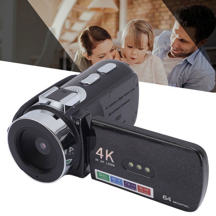 Cámara de video 4K de 64 MP - COCOSITY - Zoom digital 28X - Enfoque automático - Pantalla giratoria de 3 pulgadas y LED