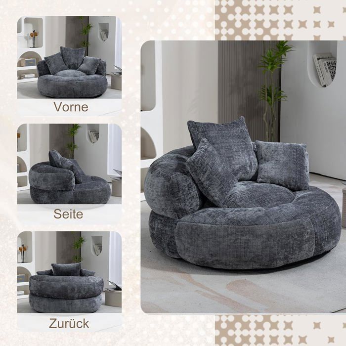 Lemonbest Bean Bag with Three Cushions, Suitable for Bedroom and Living Room, Lazy Sofa, 108*108*52cm Chenille Grey