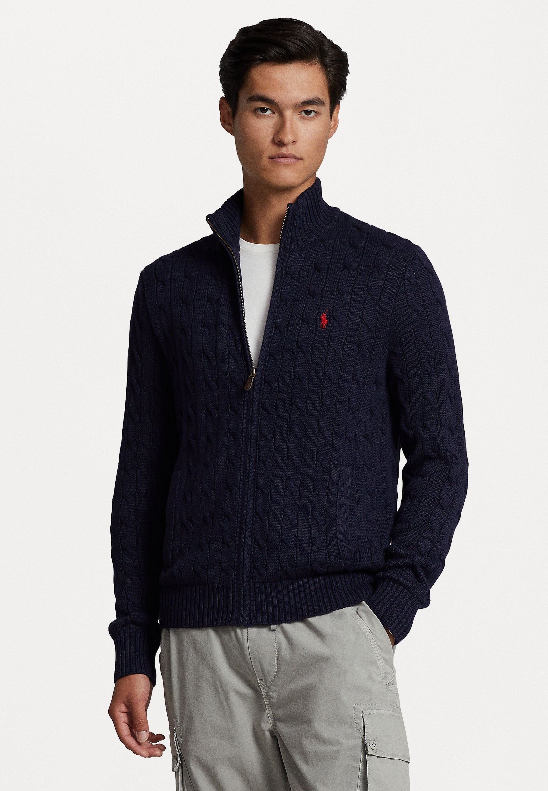 Cardigan Polo Ralph Lauren in cotone a trecce con zip intera - blu navy