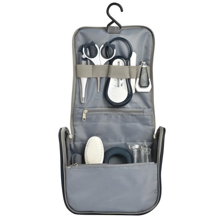 BÉABA - Kit per l'igiene del bambino - 9 accessori - Vaschetta e termometro digitale - Anello da dentizione - Massaggiatore per gengive - Blu notte