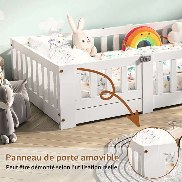 Cama baja de 90x190 cm, cama infantil Montessori con barandilla de seguridad y somier de láminas, madera maciza de pino, cama individual tipo litera, blanca.