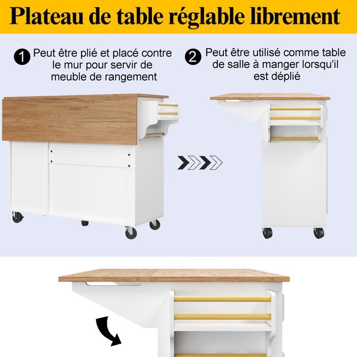 Isla de cocina - GENÉRICA - Aparador rodante extensible - 3 estantes ajustables - Cajones y estantes laterales - MDF/Metal 60 kg