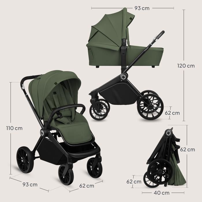 LIONELO Mika Plus 2-in-1 Travel System - Birth up to 22kg - Duo Stroller Pack, Carrycot and Accessories - Green