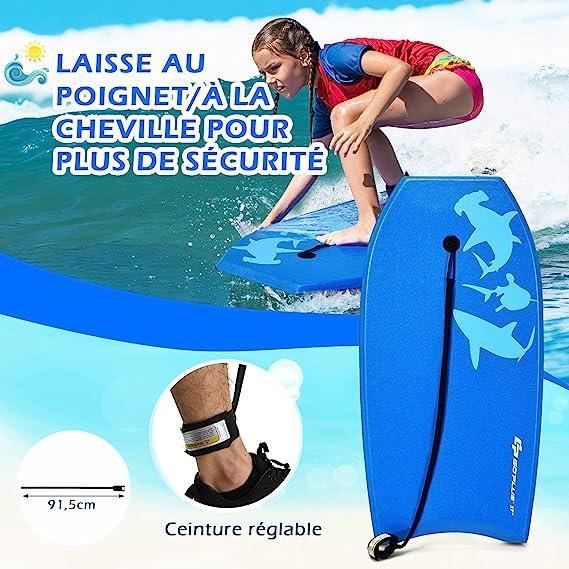Bodyboard GYMAX de 37 pulgadas con correa ajustable para el tobillo y diseño de tiburón - Blanco/Azul