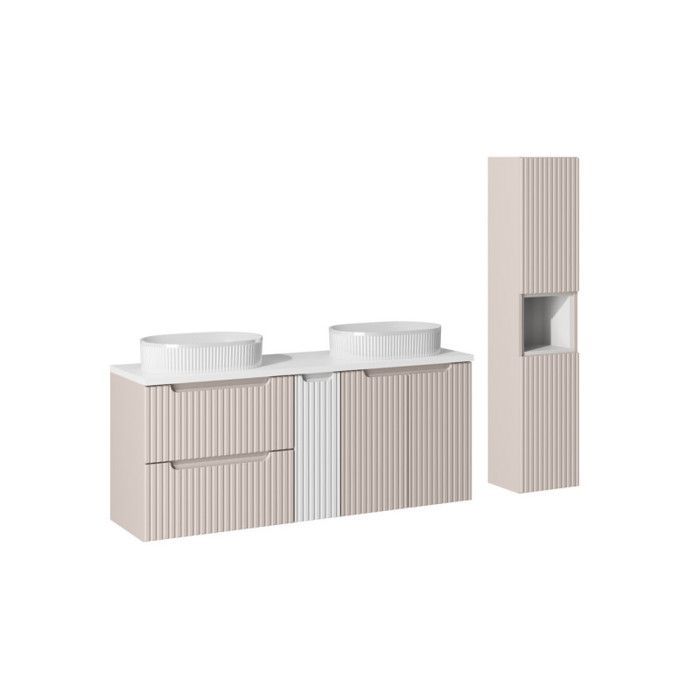 Badezimmer-Set: Doppelwaschtisch + 140 cm weiße Waschtischplatte + Hochschrank mit Türen und Schubladen – Astral Beige