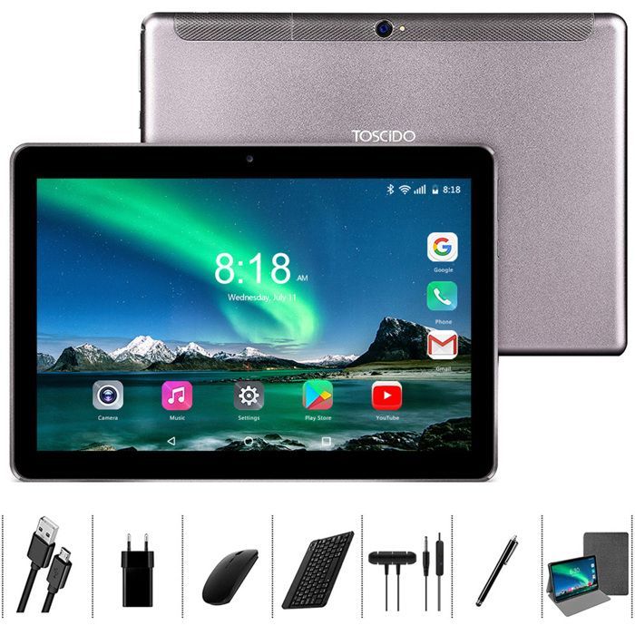 Tablet TOSCIDO da 10,1 pollici, 36 GB + 128 GB, Android 14, Octa-Core, 4G LTE/SIM/Wi-Fi, batteria da 8000 mAh, con tastiera, mouse e cuffie, grigio.