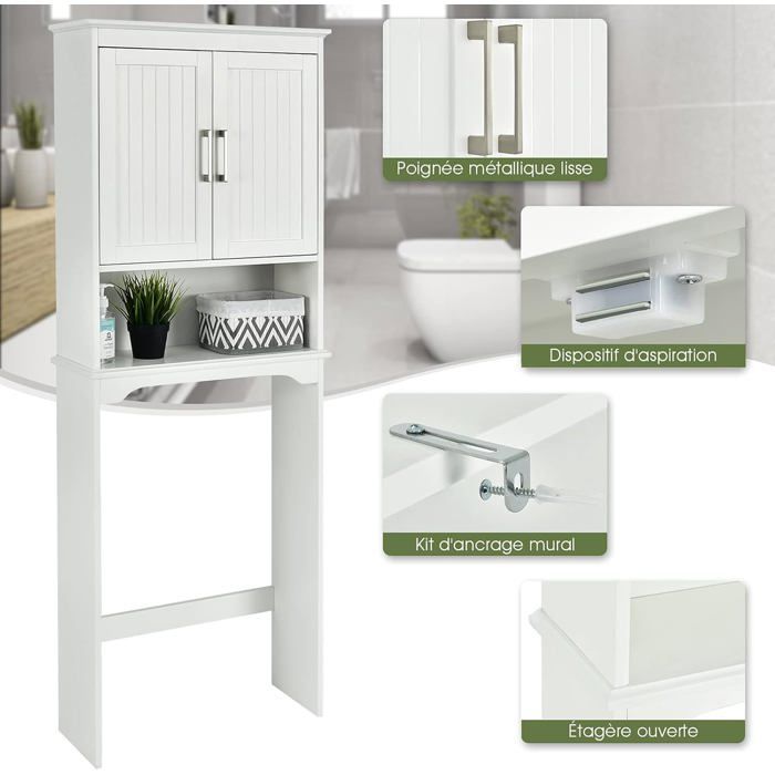 COSTWAY Meuble WC Dessus de Toilettes avec 3 Étagères pour Rangement Salle de Bain Blanc Moderne 63 x 23 x 168 CM Blanc