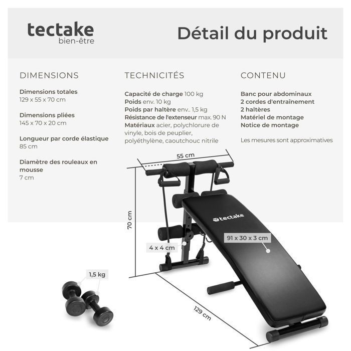 Equipo de ejercicio - TECTAKE - CUTTLER banco abdominal plegable y ajustable con 6 posiciones, 129 x 55 x 70 cm - Negro