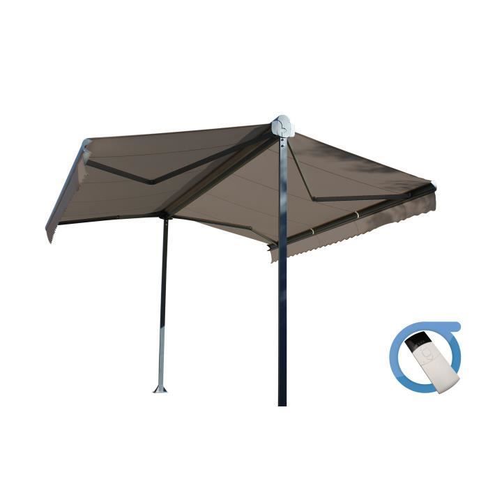 Motorized double-sloped awning 4x2x3 m - Taupe fabric and textured anthracite grey frame - GARDEN OMBRAZUR