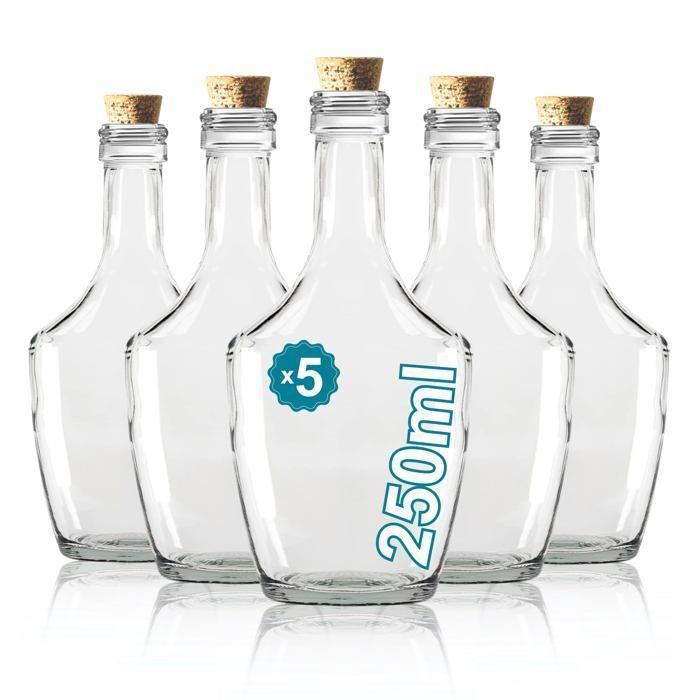Conjunto de 5 Garrafas de Vidro de Luxo de 250ml com Rolhas de Cortiça | Elegância e Modernidade em Vidro de Alta Qualidade