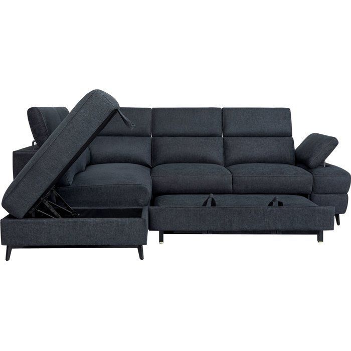 Convertibele hoekbank - 5 zitplaatsen - NINA - Zwarte stof - Opbergvak - 255 x 208 x 73 cm