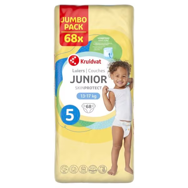 Kruidvat 5 Junior plenice, veliko pakiranje, velikost 5 (10–16 kg), 68 kosov