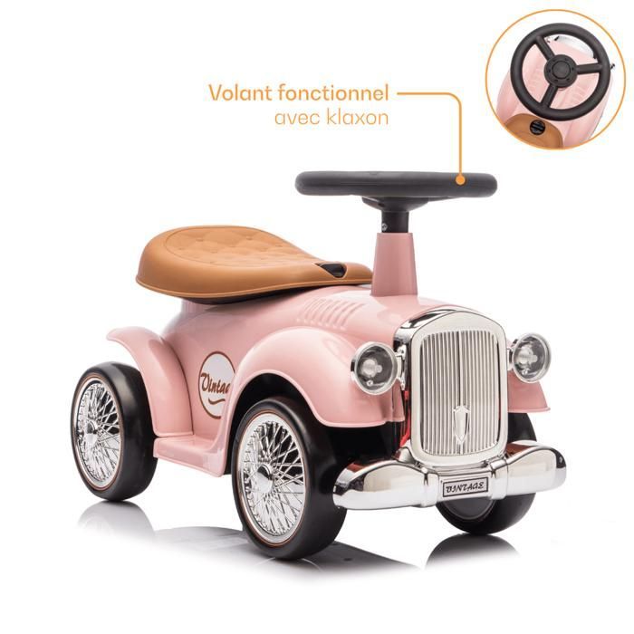 Retro Classic 1930s Car Ride-On Toy for Children - Baby Ride-On Toy for 1 to 3 Year Olds - Pink - Horn & Storage Box - Walking Aid