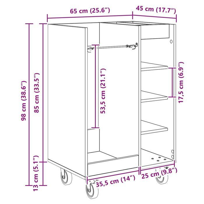 Armadietto da golf moderno - vidaXL - Legno anticato - 65x45x98 cm - Ampio spazio di archiviazione - 4 ruote - Struttura in metallo
