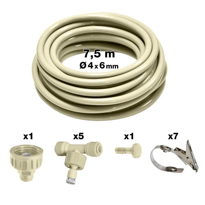 Kit de nebulización portátil - BRU051 - Manguera de 7,5 m - 5 conectores de ajuste a presión - Boquillas ajustables - Abrazaderas incluidas