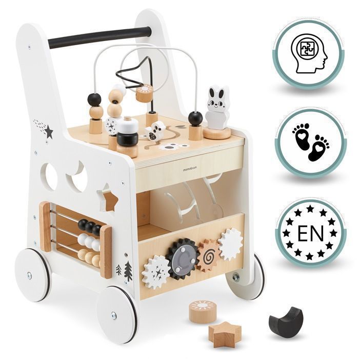 Trotteur Bébé Bois  Montessori Mamabrum 6-en-1- Table d'Activité Bois- Boulier, Trieur de Formes, Boucles de Motricité