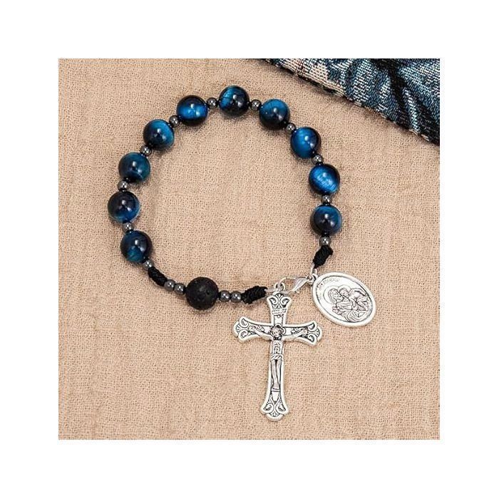 Nazareth Store Chapelet Perles Œil de Tigre Bleu Une Décade Fait Main Médaille Saint Joseph Croix Argent Antique Compact Prière