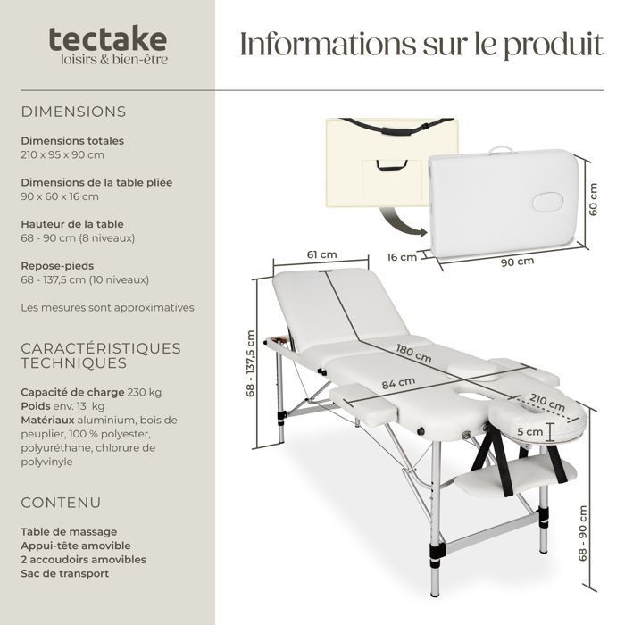 Massagebriks - TECTAKE - Højdejusterbar, foldbar behandlingsbriks med 3 sektioner, 210 x 95 x 90 cm - Hvid