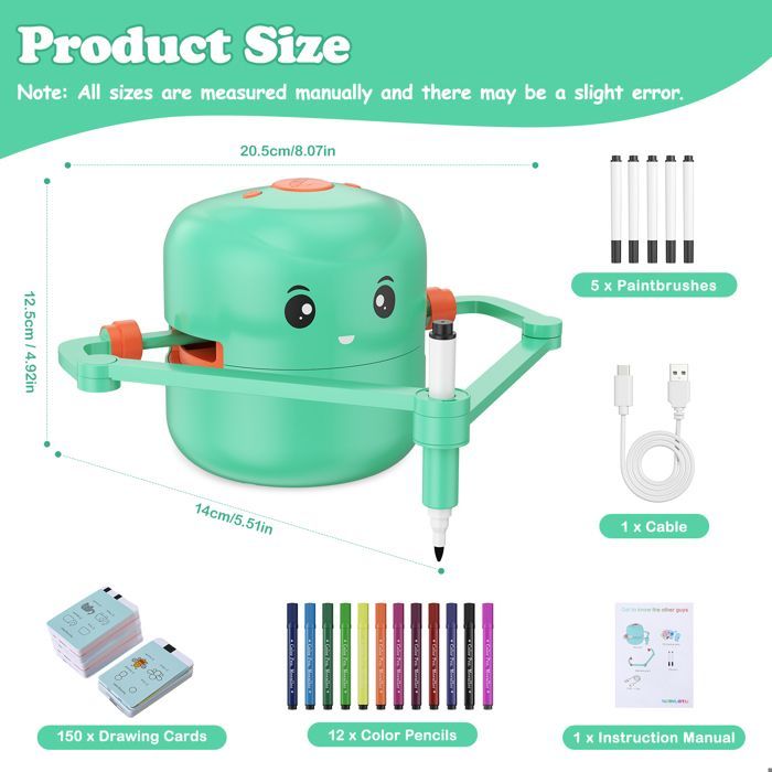 Robot disegnatore per bambini, robot autodisegnante, interazione vocale, 100 carte e 12 matite, giocattolo educativo Montessori verde
