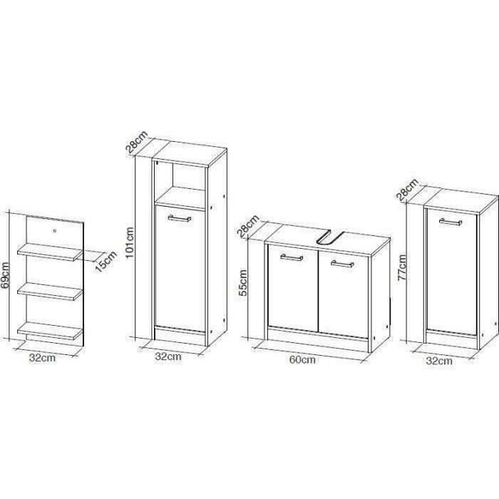 Salle de bain complète - Blanc et gris béton - 1 meuble sous lavabo + 1 étagère + 2 rangements bas - MADEIRA