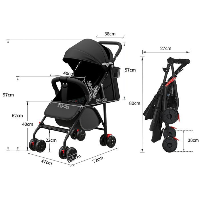 Silla de paseo compacta SUPFINE, capacidad de carga de 35 kg, con compartimento de almacenamiento y ruedas con freno.