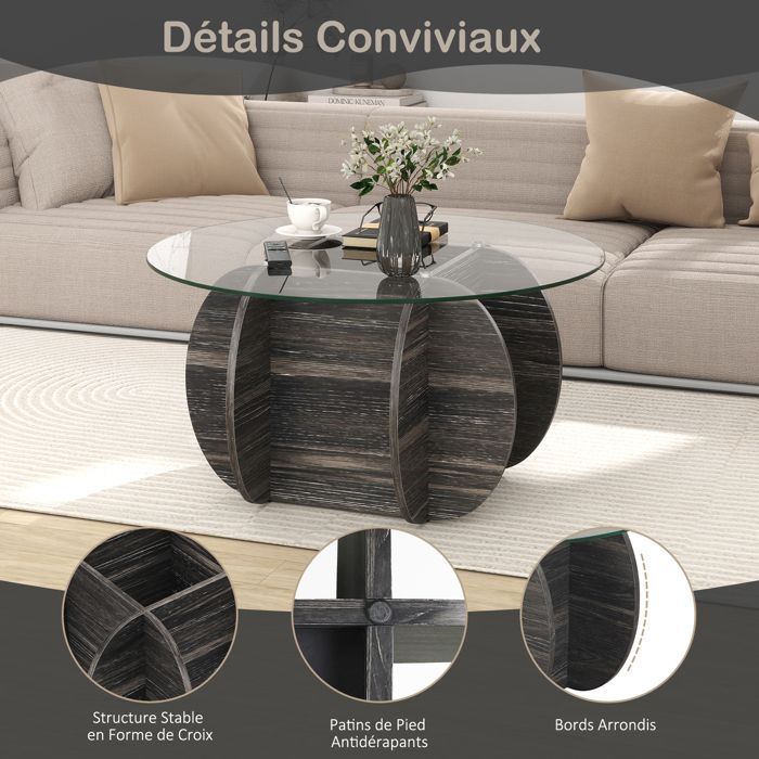 Mesa de centro redonda de 89 cm COSTWAY, tablero de cristal templado, base de madera maciza, compartimento de almacenamiento oculto, capacidad de carga de 100 kg.