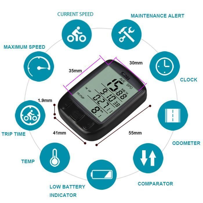 Ciclocomputador digital LCD resistente al agua con retroiluminación: muestra kilometraje, tiempo, velocidad y nivel de batería.